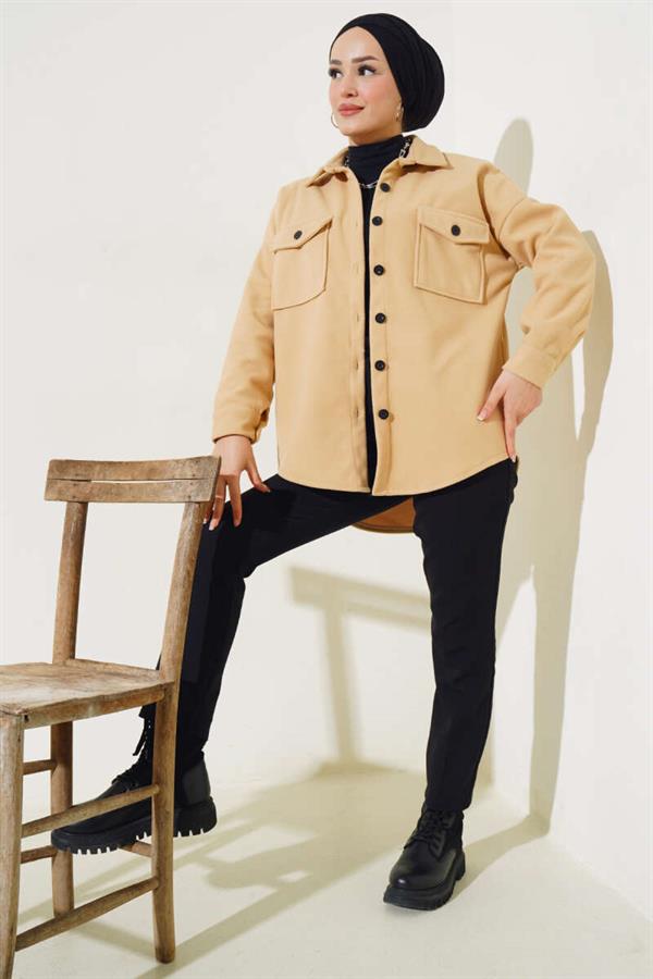 Double Chest Pocket Buttoned Jacket Camel
