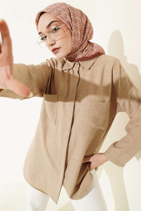 Beige Shirt with Double Breast Pockets and Concealed Button Closure