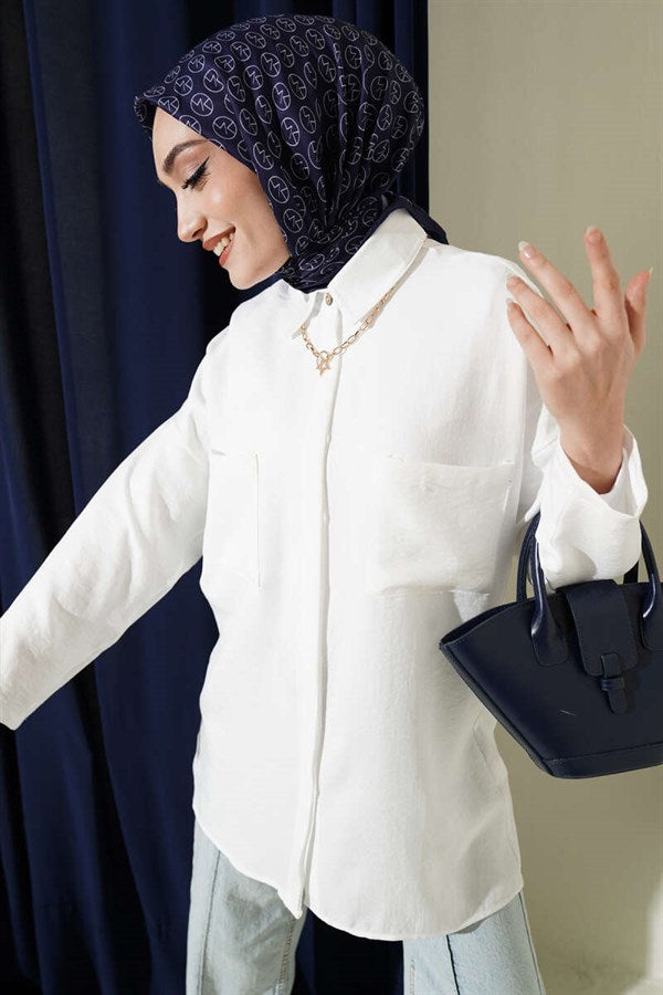 Double Breast Pocket Hidden Button Shirt White