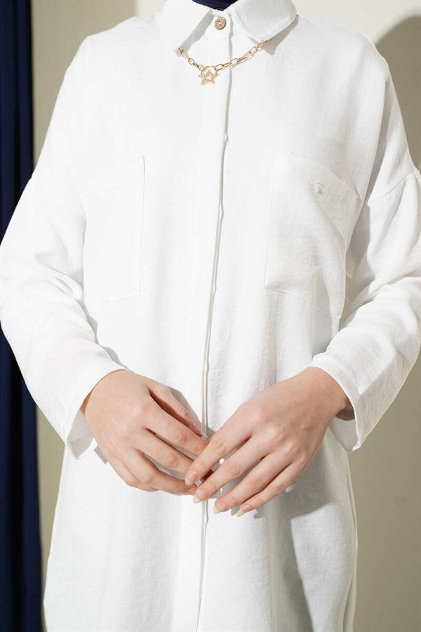 Double Breast Pocket Hidden Button Shirt White