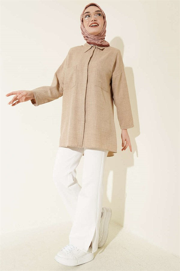 Beige Shirt with Double Breast Pockets and Concealed Button Closure