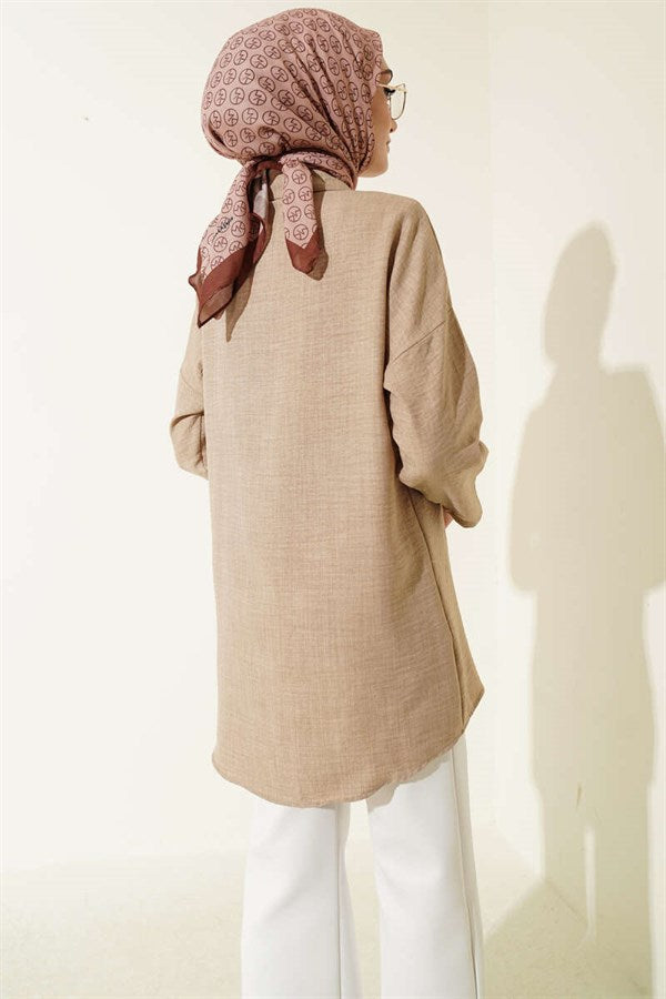 Beige Shirt with Double Breast Pockets and Concealed Button Closure