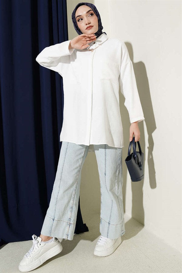 Double Breast Pocket Hidden Button Shirt White