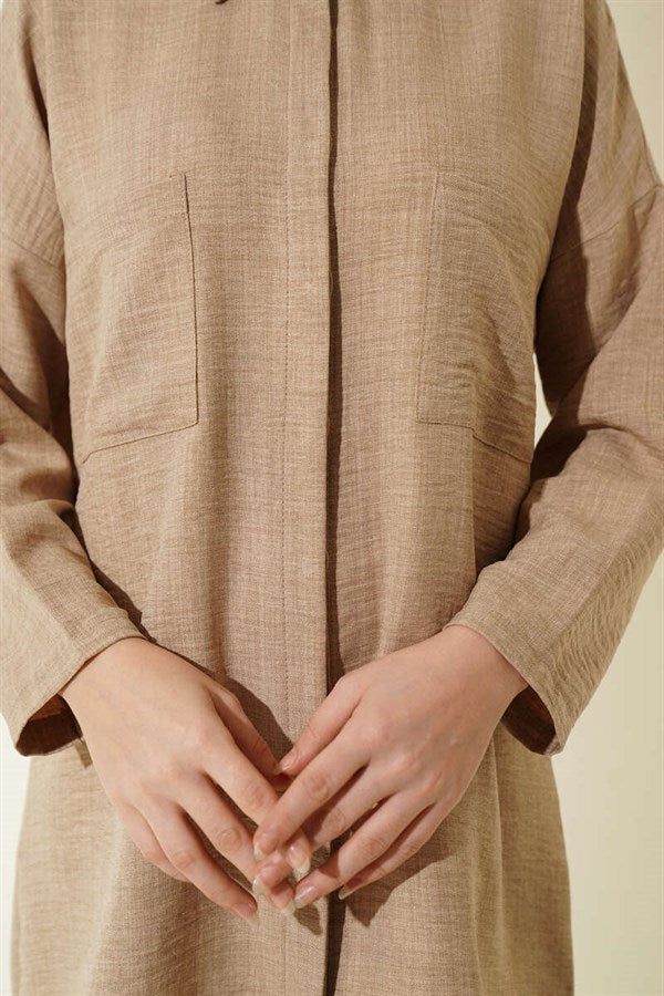 Beige Shirt with Double Breast Pockets and Concealed Button Closure