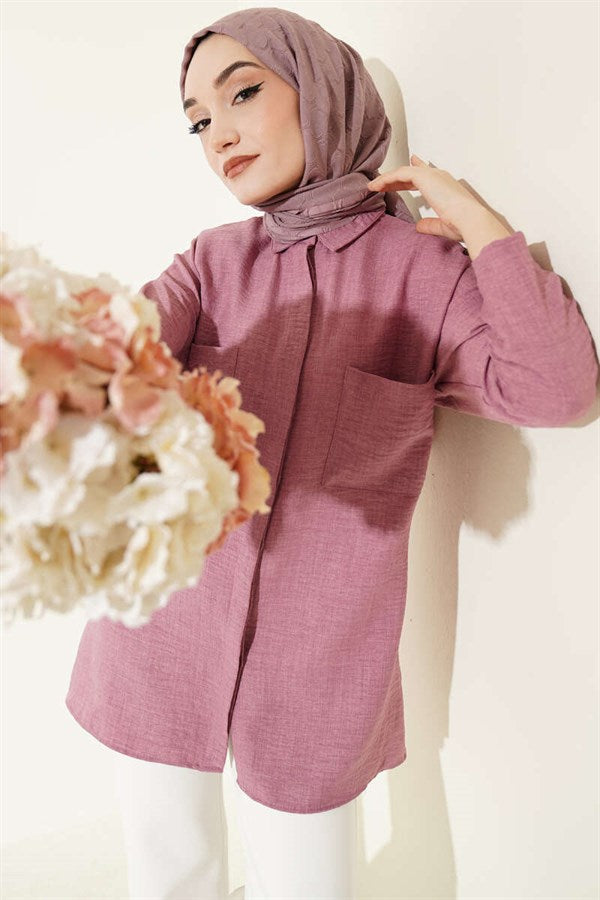 Double Breast Pocket Hidden Button Shirt, Rose Pink