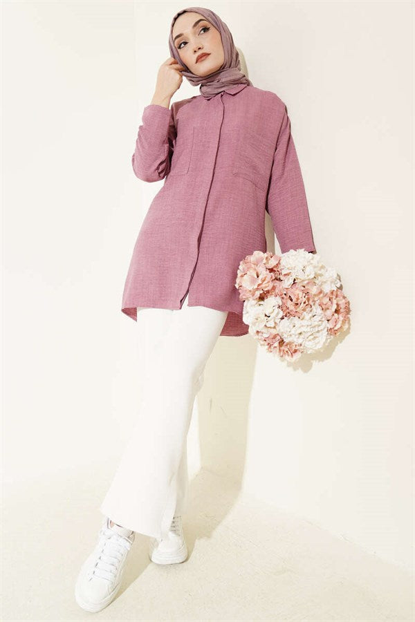 Double Breast Pocket Hidden Button Shirt, Rose Pink