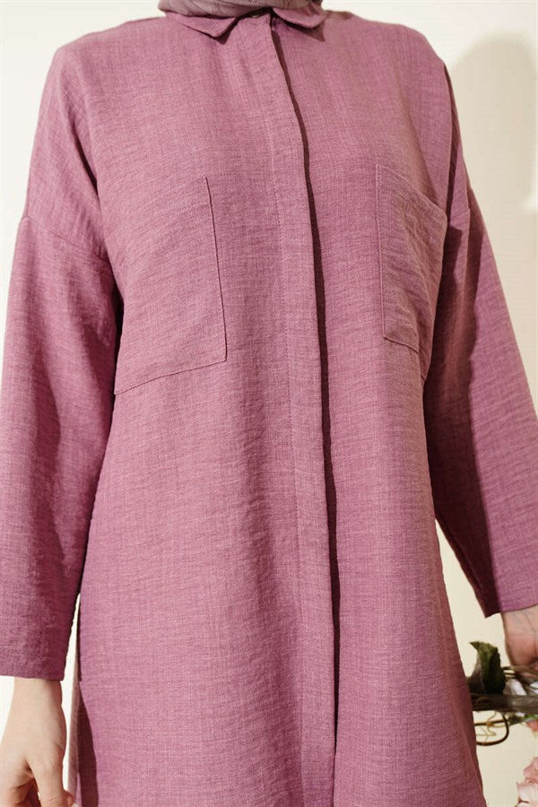 Double Breast Pocket Hidden Button Shirt, Rose Pink
