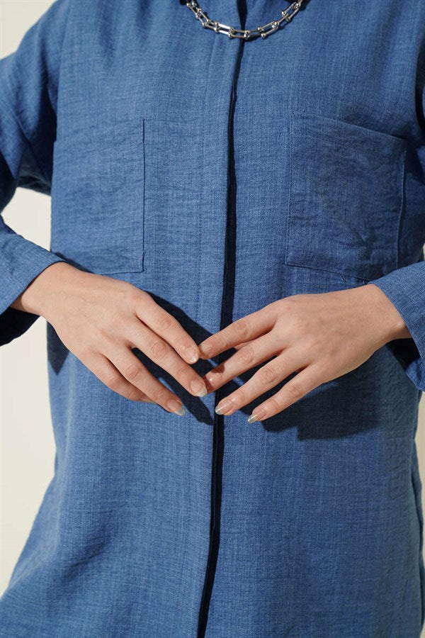 Indigo Shirt with Double Breast Pockets and Concealed Buttons