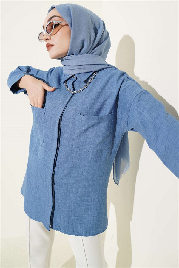 Indigo Shirt with Double Breast Pockets and Concealed Buttons