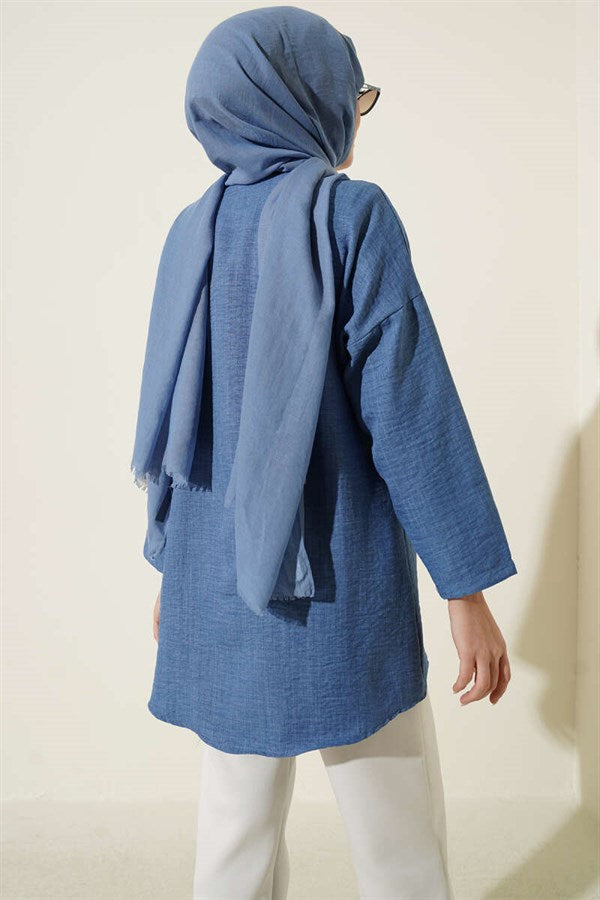 Indigo Shirt with Double Breast Pockets and Concealed Buttons