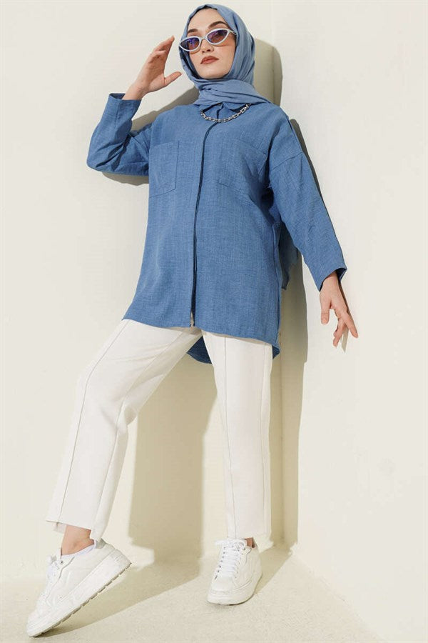 Indigo Shirt with Double Breast Pockets and Concealed Buttons