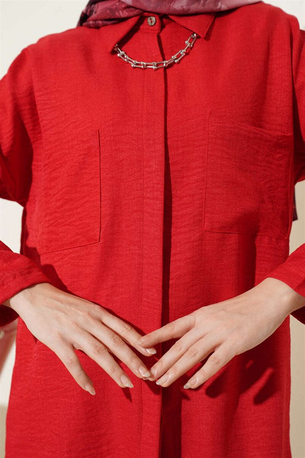 Double Breast Pocket Hidden Button Shirt Red