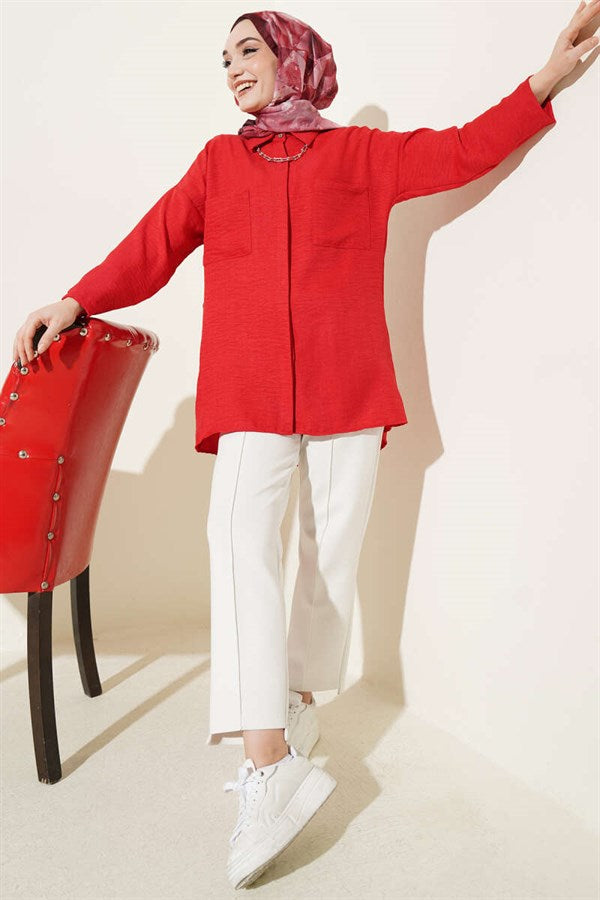Double Breast Pocket Hidden Button Shirt Red