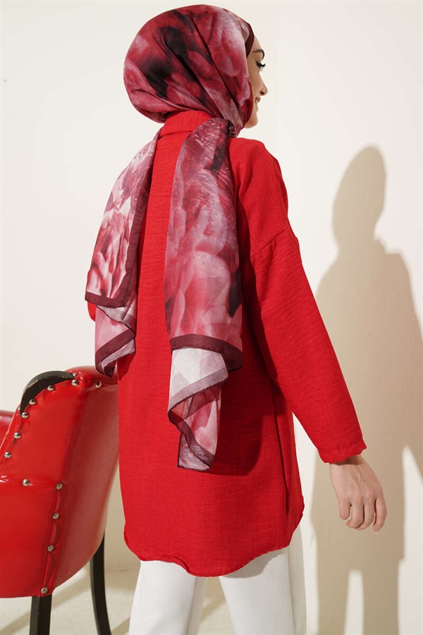 Double Breast Pocket Hidden Button Shirt Red
