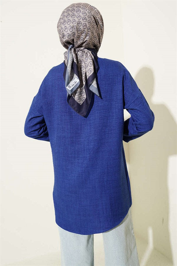 Double Breast Pocket Hidden Button Shirt (Navy Blue)