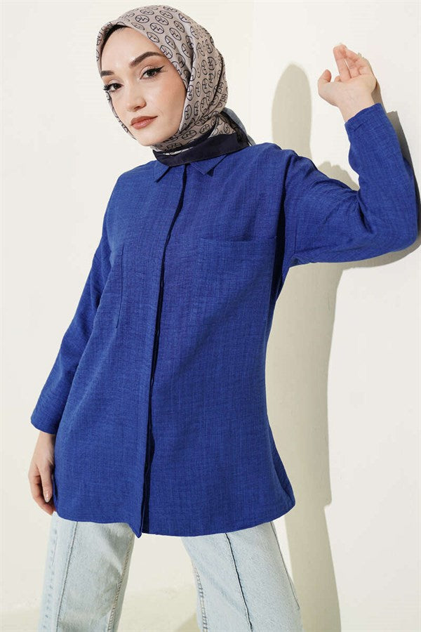 Double Breast Pocket Hidden Button Shirt (Navy Blue)