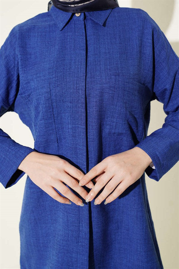 Double Breast Pocket Hidden Button Shirt (Navy Blue)