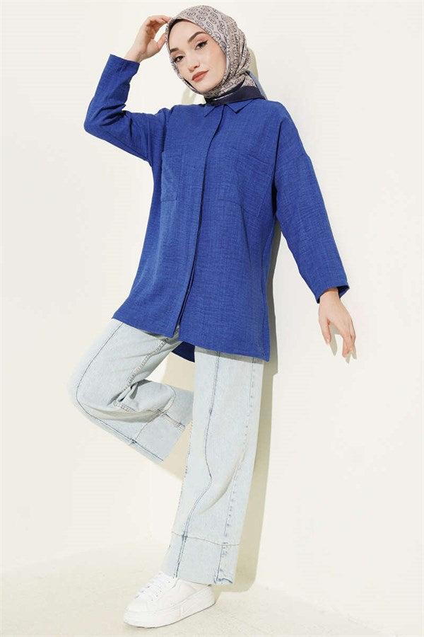 Double Breast Pocket Hidden Button Shirt (Navy Blue)