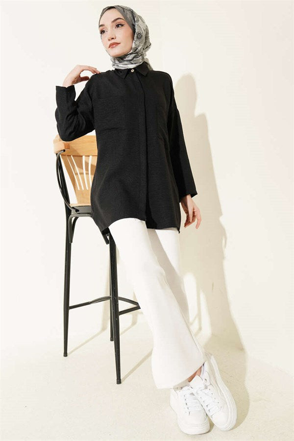 Double Breast Pocket Hidden Button Shirt Black