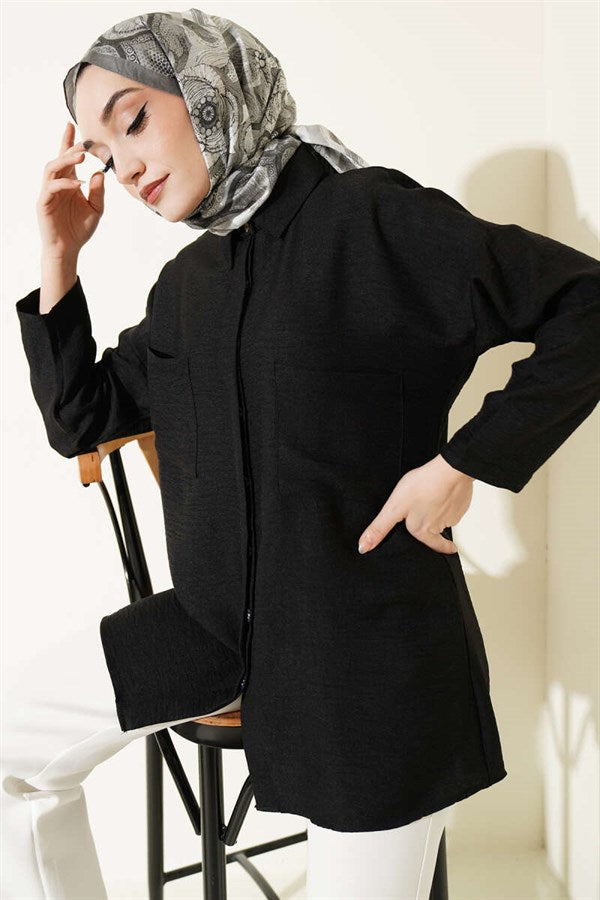 Double Breast Pocket Hidden Button Shirt Black