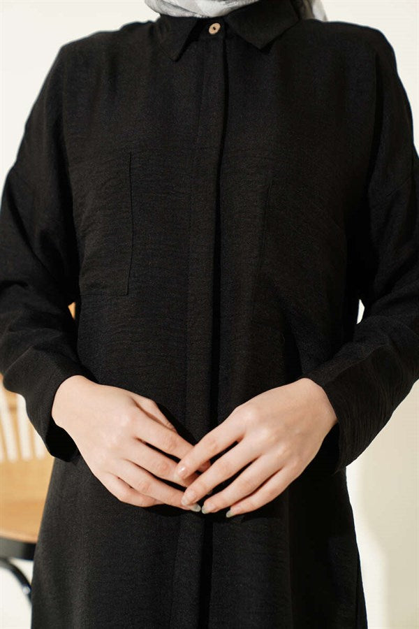 Double Breast Pocket Hidden Button Shirt Black