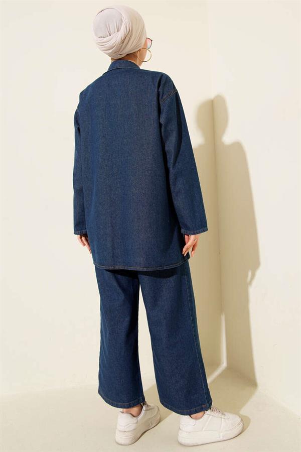 Dark Blue Denim 2 Piece Set with Double Breast Pockets
