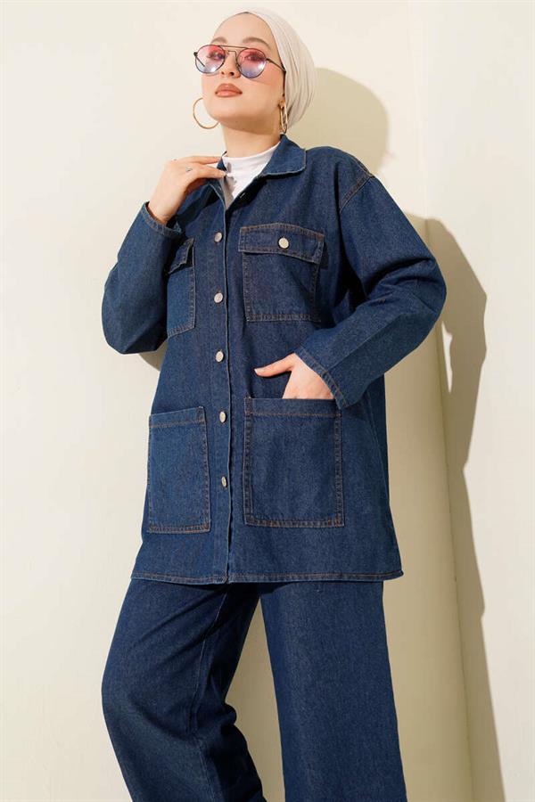 Dark Blue Denim 2 Piece Set with Double Breast Pockets