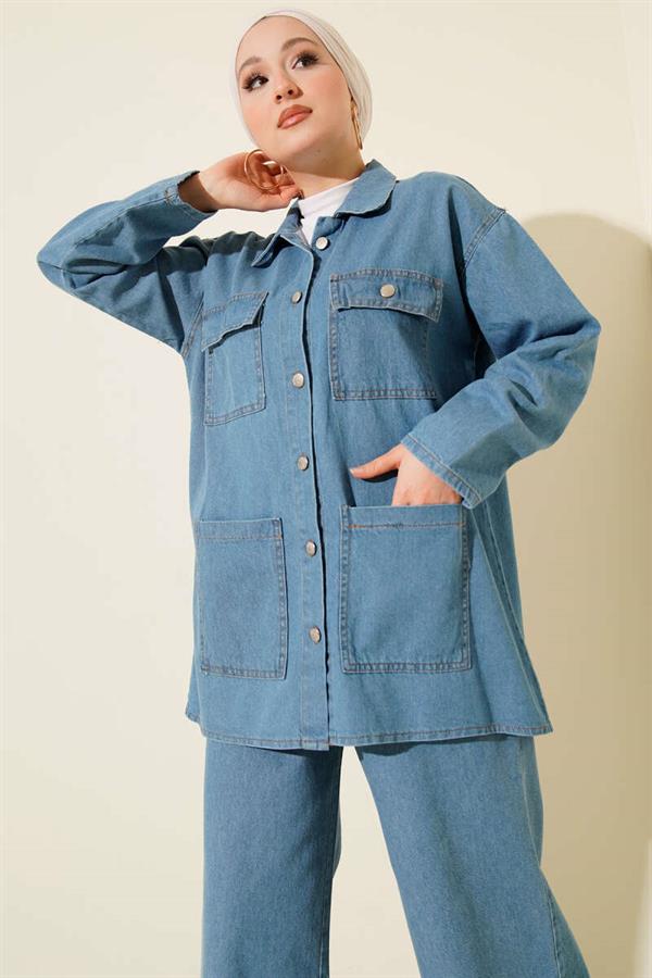 Denim 2 Piece Set with Double Breast Pockets, Blue