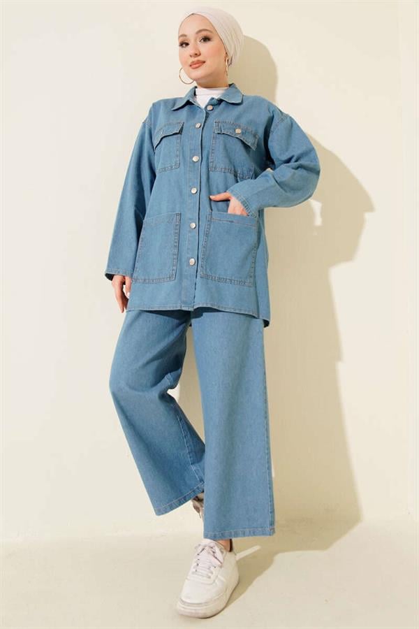 Denim 2 Piece Set with Double Breast Pockets, Blue