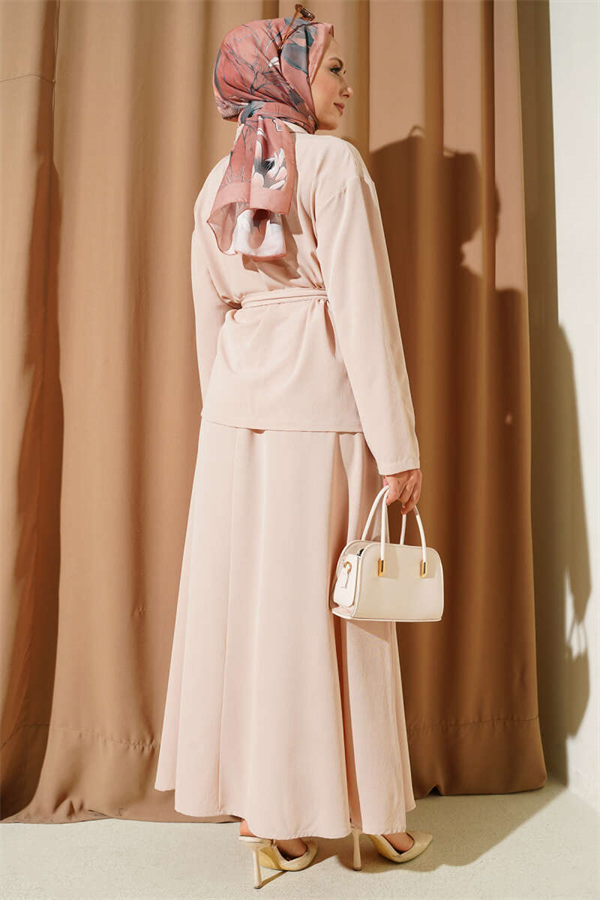 Beige Belted Skirt 2 Piece Set with Double Breast Pockets