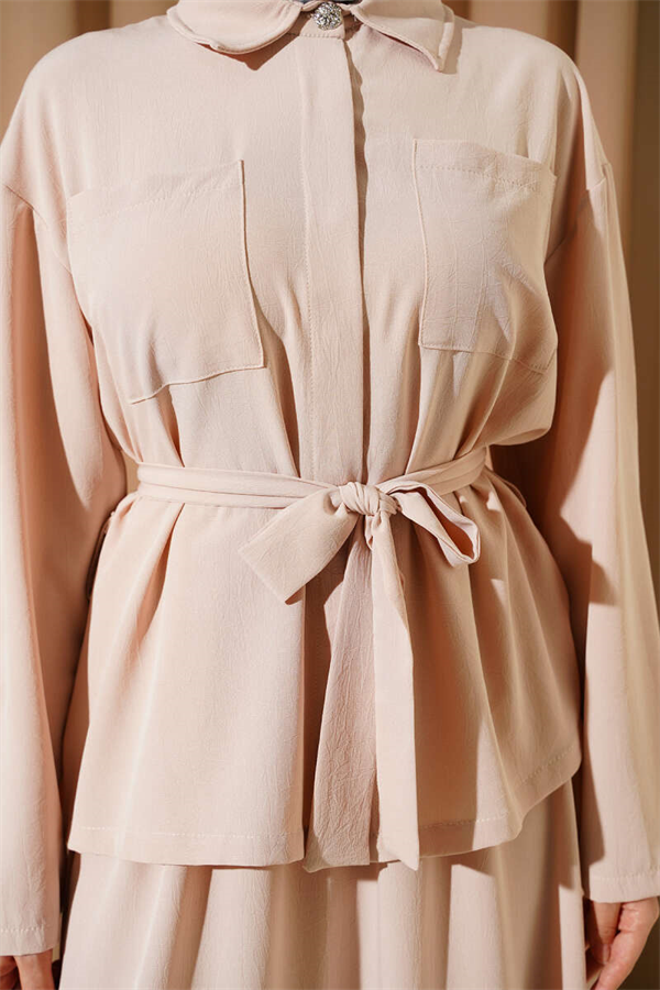 Beige Belted Skirt 2 Piece Set with Double Breast Pockets