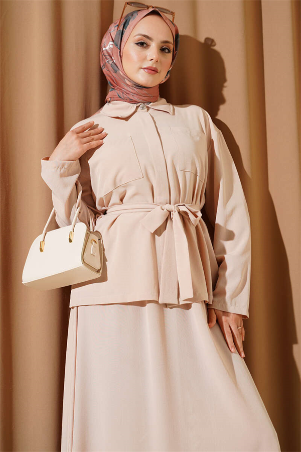 Beige Belted Skirt 2 Piece Set with Double Breast Pockets