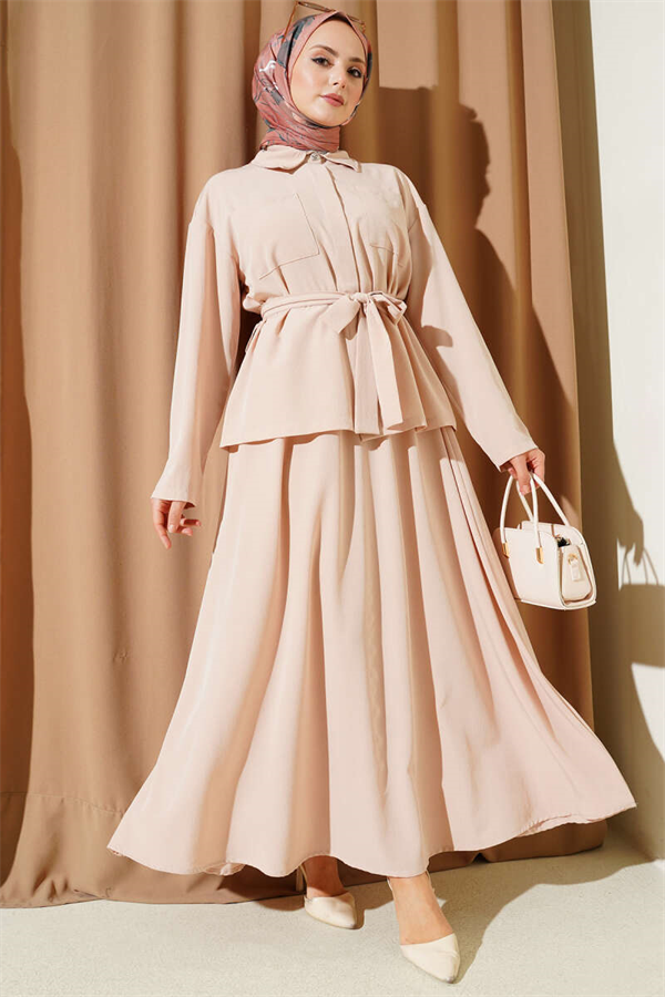 Beige Belted Skirt 2 Piece Set with Double Breast Pockets