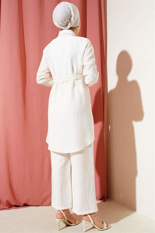 Double Chest Pocket Belted 2 Piece Set Ecru