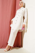 Double Chest Pocket Belted 2 Piece Set Ecru