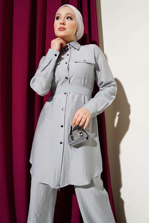 Double Chest Pocket Belted 2 Piece Set Gray