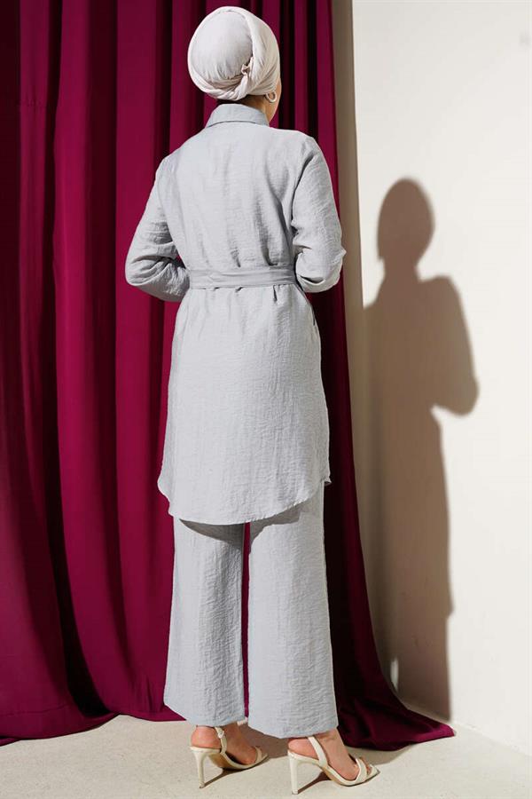 Double Chest Pocket Belted 2 Piece Set Gray