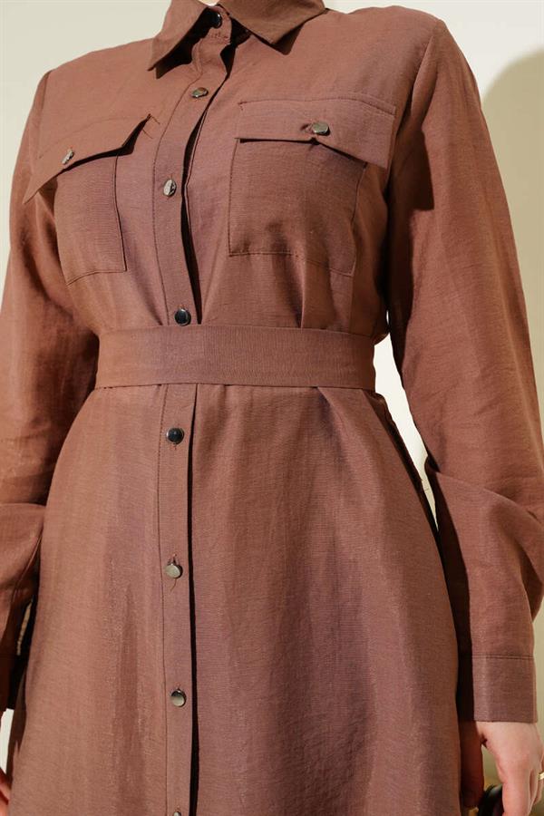 Double Chest Pocket Belted 2 Piece Set Brown