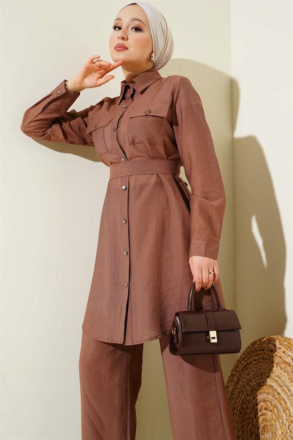 Double Chest Pocket Belted 2 Piece Set Brown