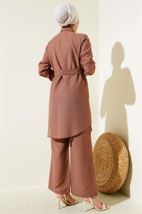 Double Chest Pocket Belted 2 Piece Set Brown