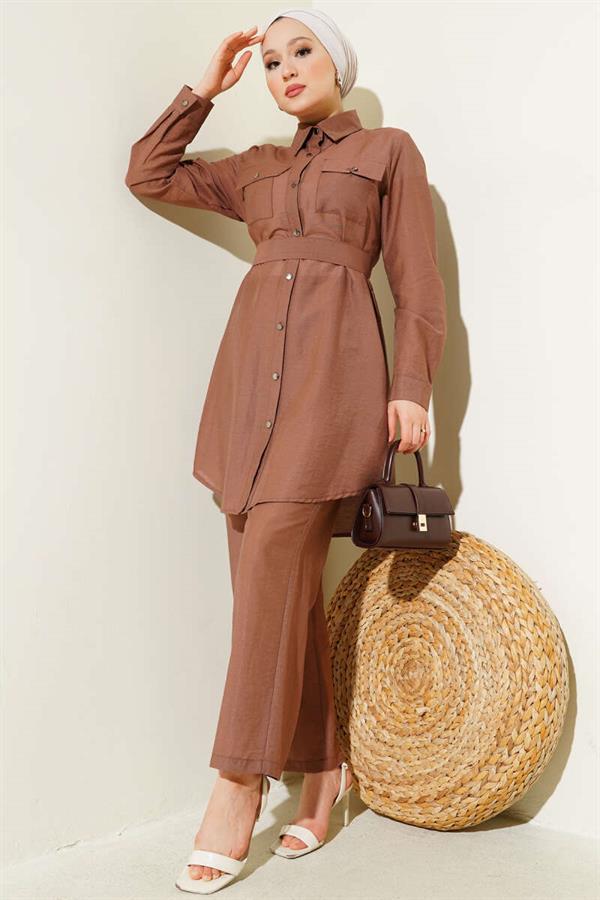 Double Chest Pocket Belted 2 Piece Set Brown