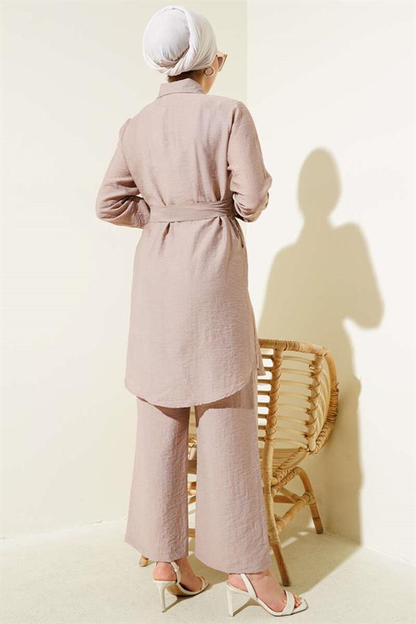 Double Chest Pocket Belted 2 Piece Set Mink