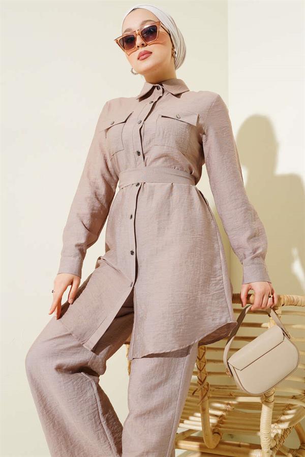 Double Chest Pocket Belted 2 Piece Set Mink