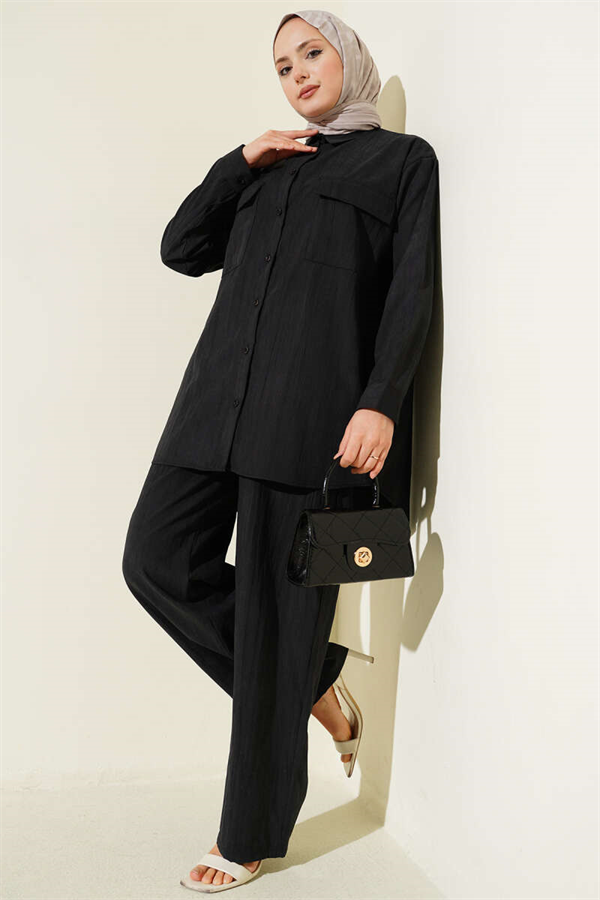 Modal 2 Piece Set with Double Breast Pockets, Black