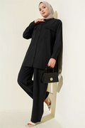 Modal 2 Piece Set with Double Breast Pockets, Black