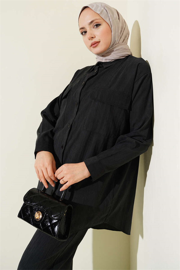 Modal 2 Piece Set with Double Breast Pockets, Black