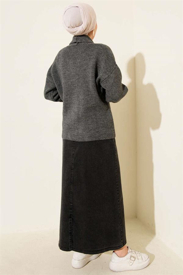 Double Gold Buttoned Short Knit Cardigan in Smoke