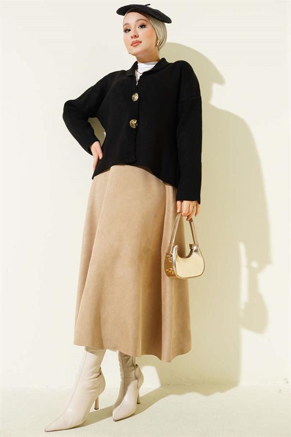 Double Gold Buttoned Short Knit Cardigan Black