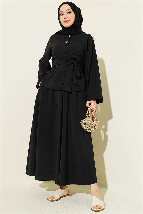Black Tencel Skirt 2 Piece Set with Double Gold Buttons