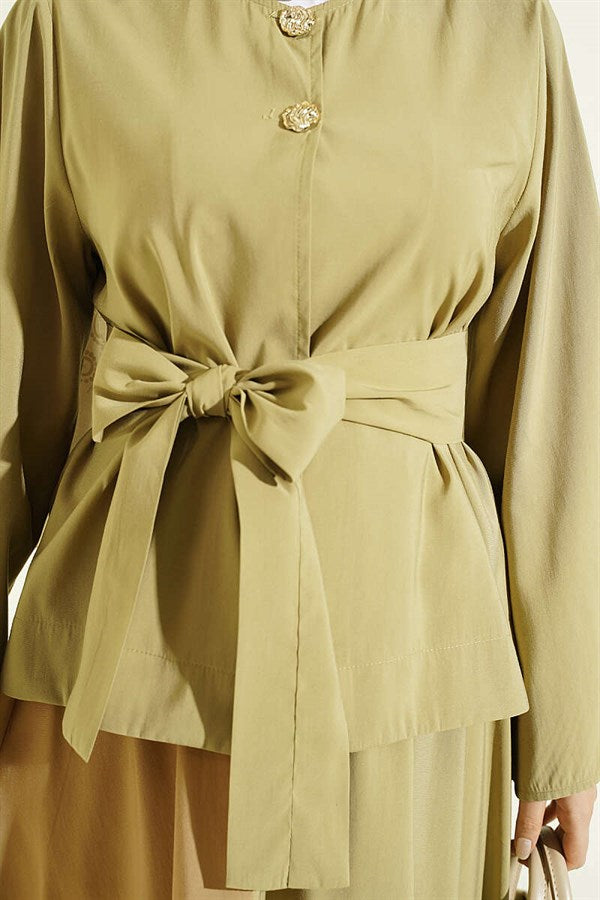 Tencel Skirt 2 Piece Set with Double Gold Buttons, Olive Green